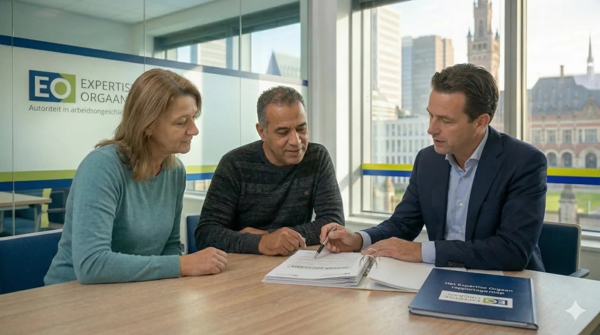 Advocaat en medisch expert bespreken een UWV-dossier voor juridische procedure.