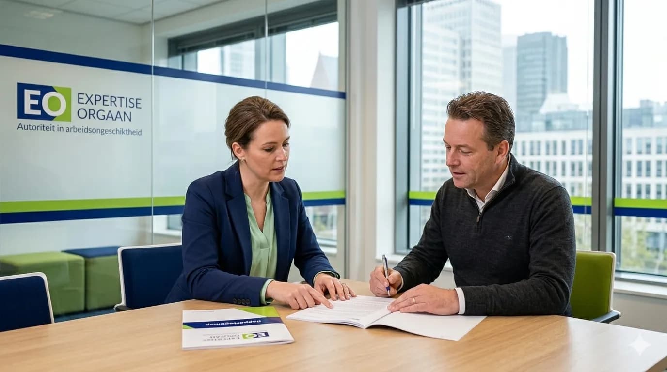 Verzekeringsarts en cliënt bespreken een UWV-dossier tijdens onafhankelijke medische expertise.